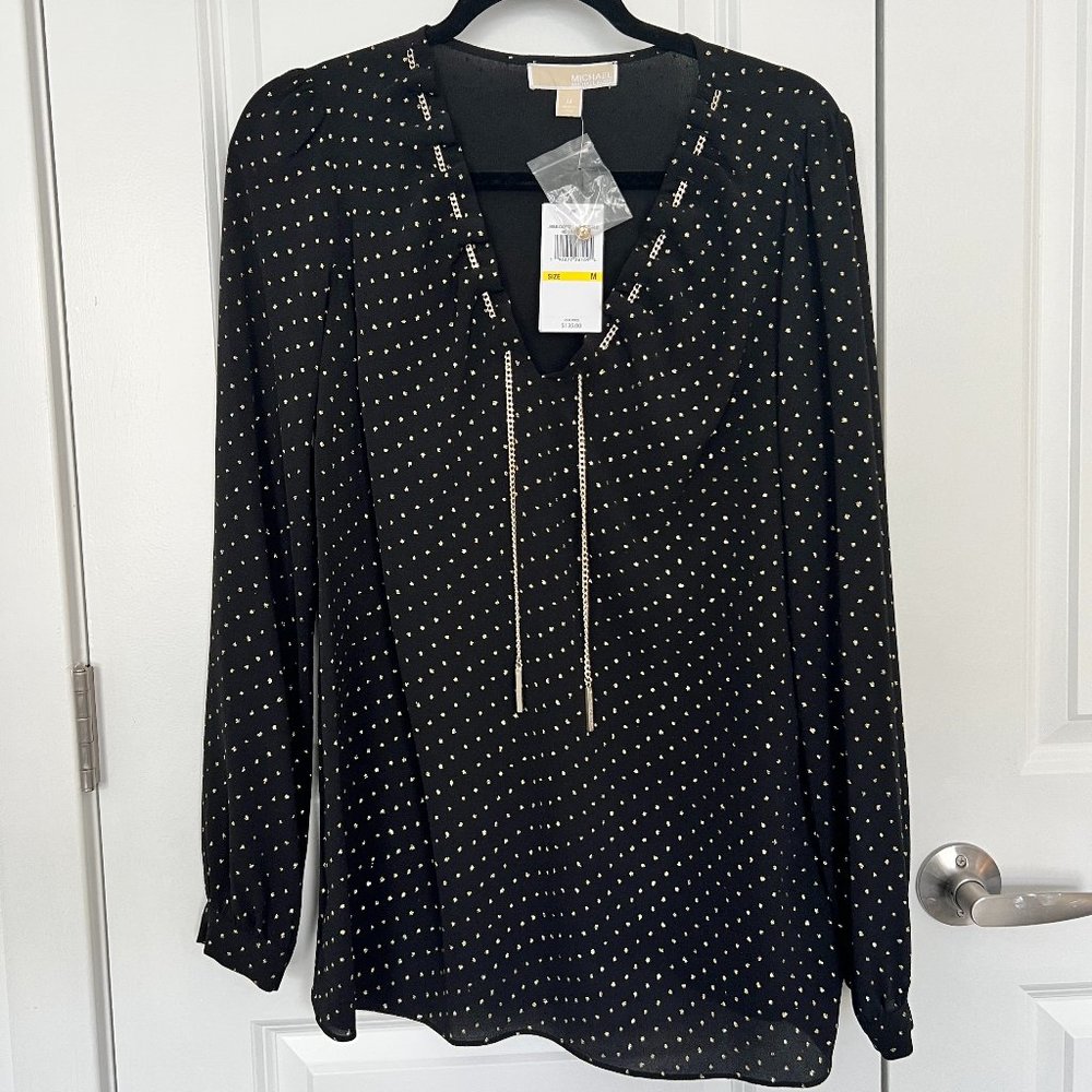Michael Kors Long sleeve black blouse with gold polka dots and chain NWT
